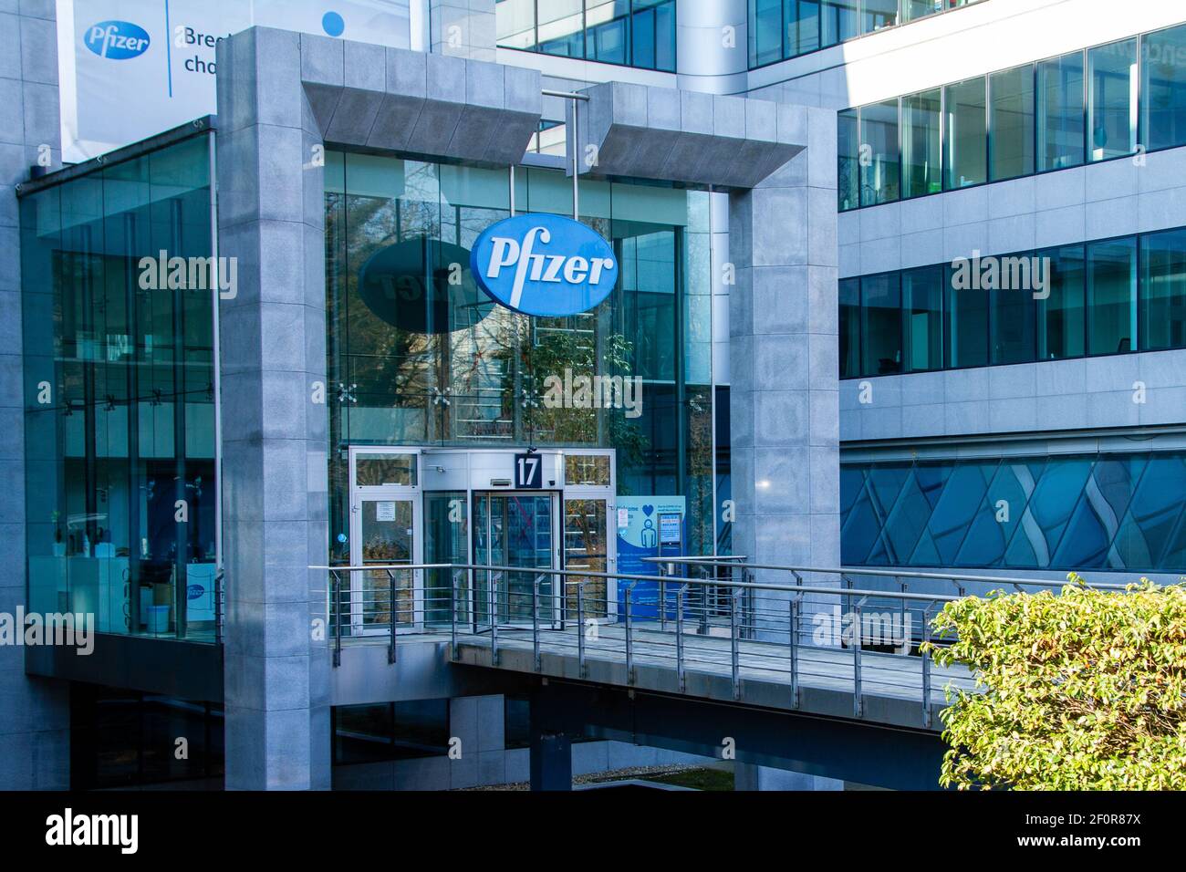 Belgium, Brussels, Pharmaceutical company Pfizer, Coronavirus vaccine, Covid 19. American pharmaceutical company founded in 1849. Present in more than Stock Photo