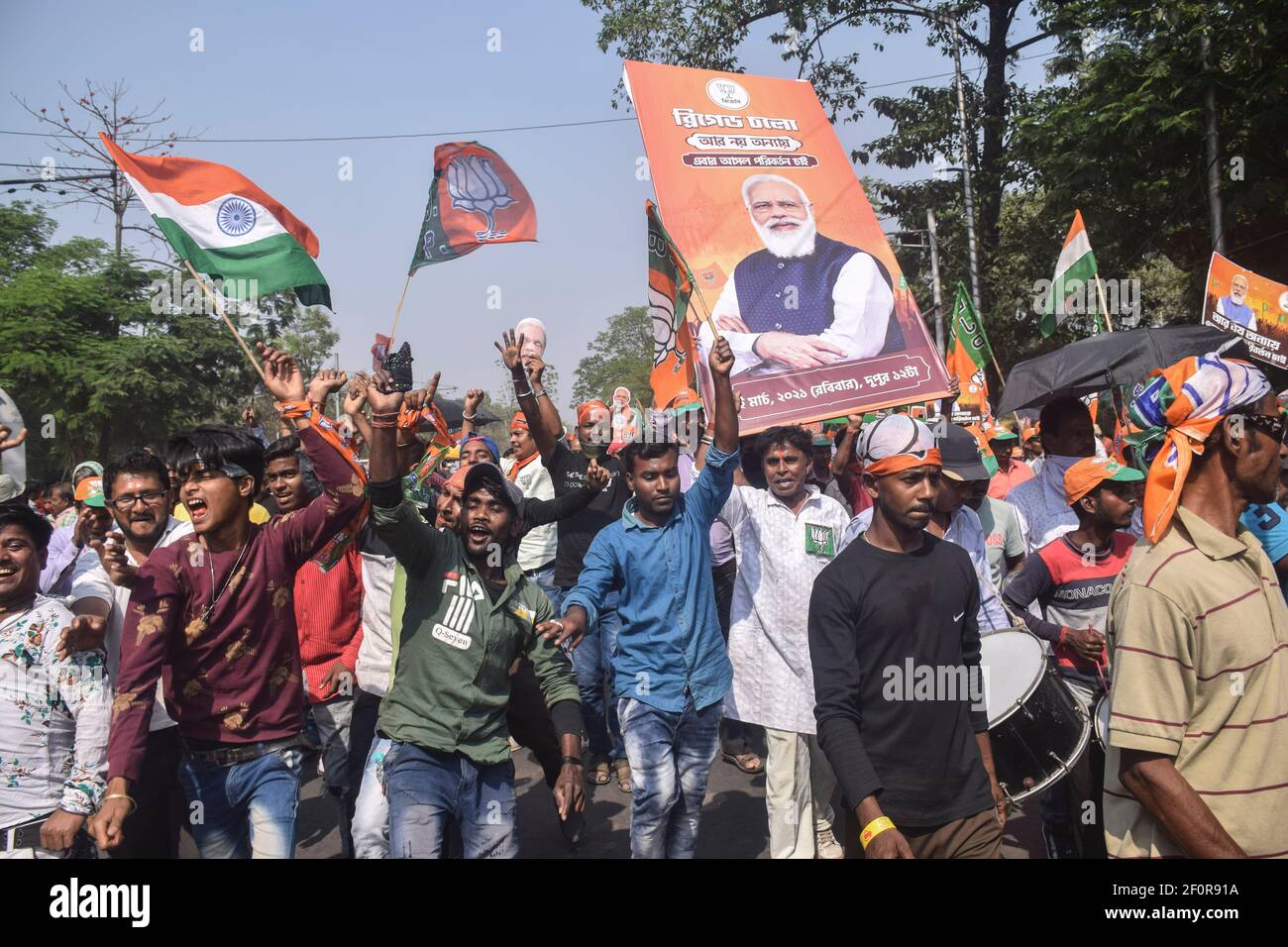 Bharatiya janata party supporters seen holding flags, banners, and ...