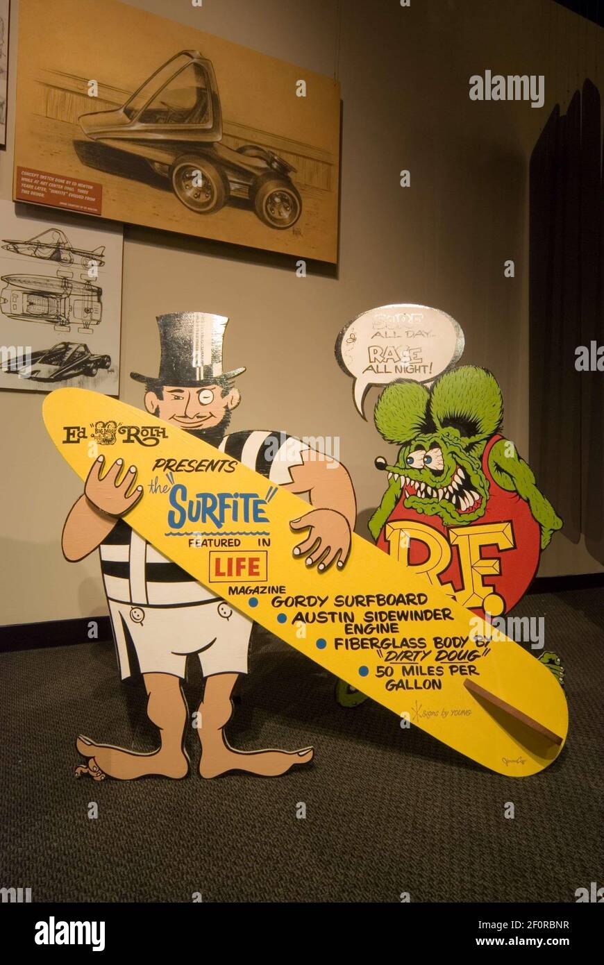 Surfite, 1964. 2 February 2007 - Los Angeles, California. Ed Ã’Big DaddyÃ“ Roth...The Original Rat Fink Exhibition at The Petersen Automotive Museum. The exhibition at the Petersen explores the life, times, and creations of designer, entrepreneur, and car fabricator Ed Ã’Big DaddyÃ“ Roth, Roth rose to celebrity status in the car-crazed youth culture of the 1960s, reinventing the custom car aesthetic with wild, fiberglass bodied fantasy hot rods. The archetypal Roth character, Rat Fink, was widely regarded as Mickey MouseÃ•s alter ego. Photo Credit: Giulio Marcocchi/Sipa Press (') Copyright 200 Stock Photo