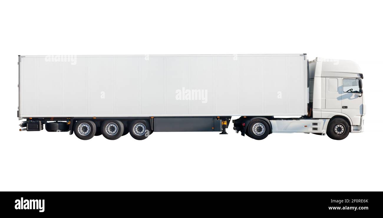 Side view of a new large white cargo truck with copy space isolated on a white background Stock Photo
