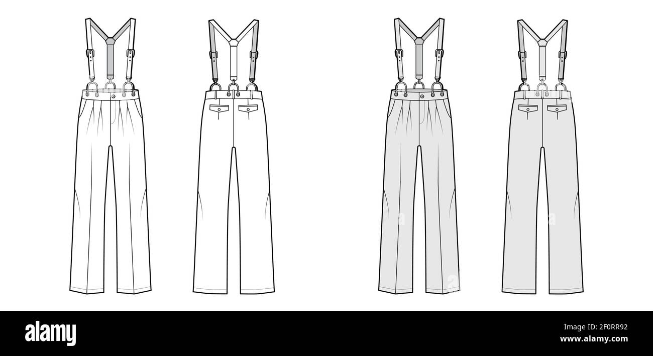 Suspender Pants Dungarees technical fashion illustration with full length, low waist, rise, pockets. Flat apparel garment bottom front back, white, grey color style. Women, men unisex CAD mockup Stock Vector