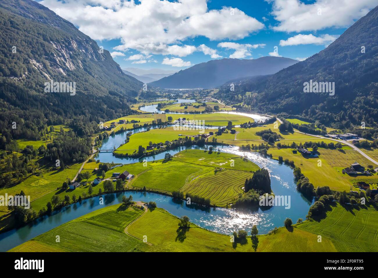 Aerial view, mountain valley with meandering river Stryneelva, Stryn, Vestland, Norway Stock Photo