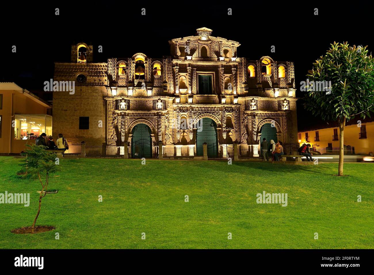 Plaza de Armas and Cathedral Catedral de Santa Catalina at night, Cajamarca, province of Cajamarca, Peru Stock Photo