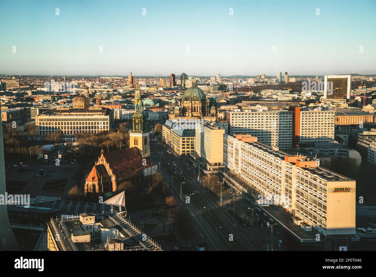 Berlin, Germany - March 4, 2021: Aerial view of Berlin city skyline towards Berlin cathedral and Potsdamer Platz during sunset. Stock Photo