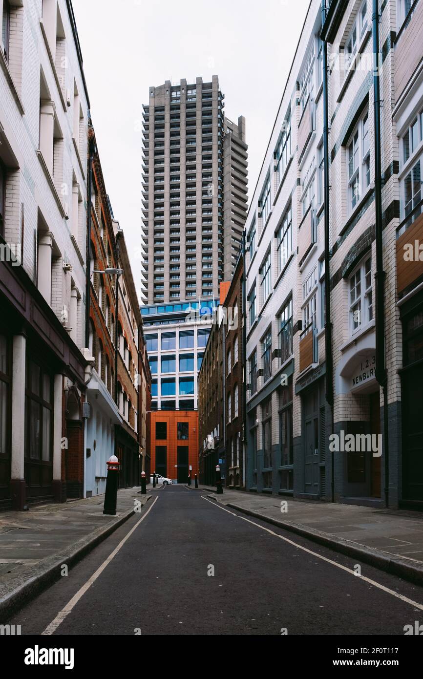 London, UK - March 2021 :   The City of London near Barbican with empty streets in the third national lockdown Stock Photo