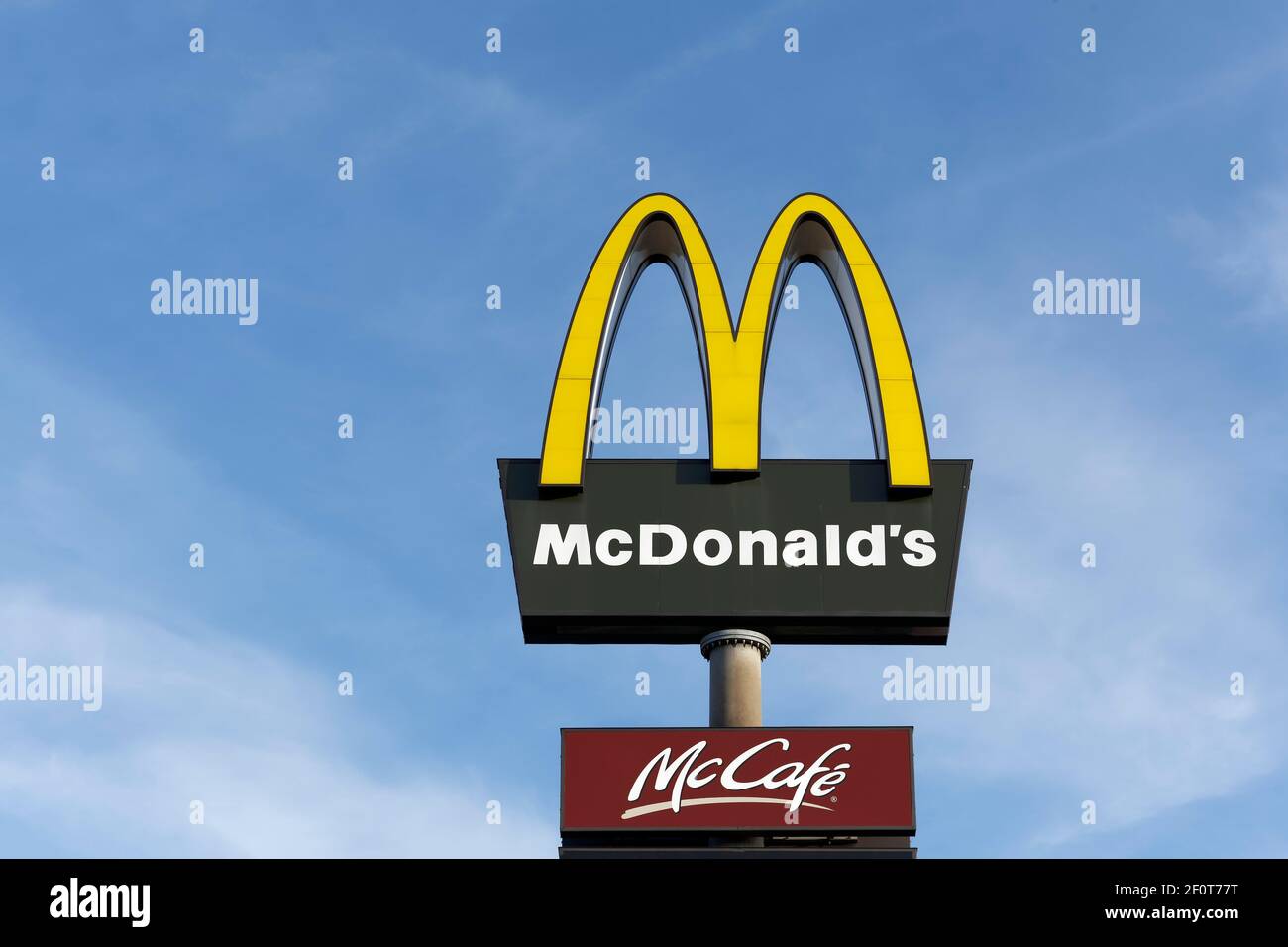 McDonald's, McCafe, logos in front of blue sky, Duesseldorf, North ...