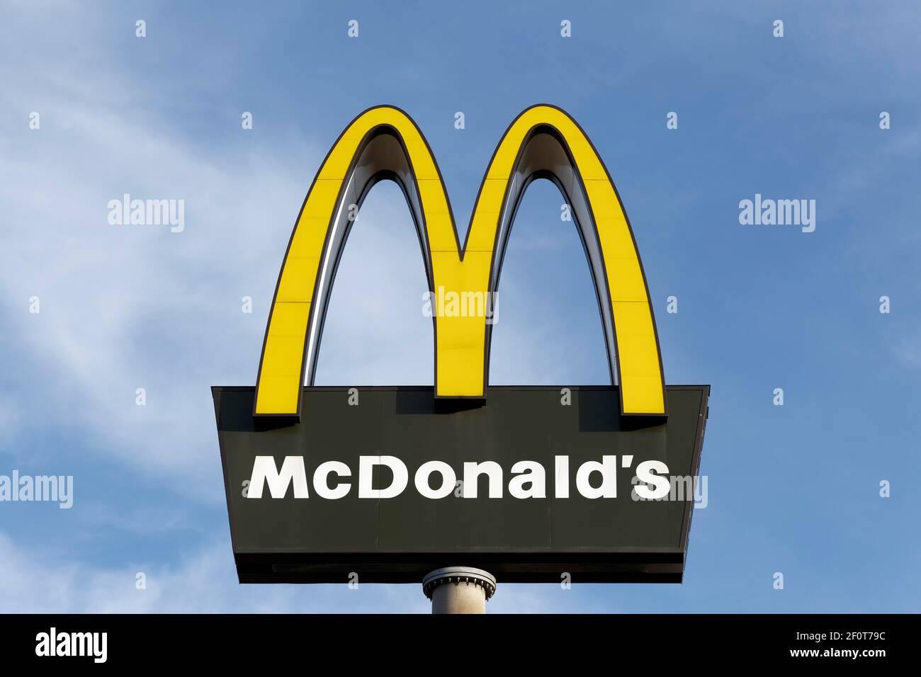 McDonald's, logo in front of blue sky, Duesseldorf, North Rhine ...