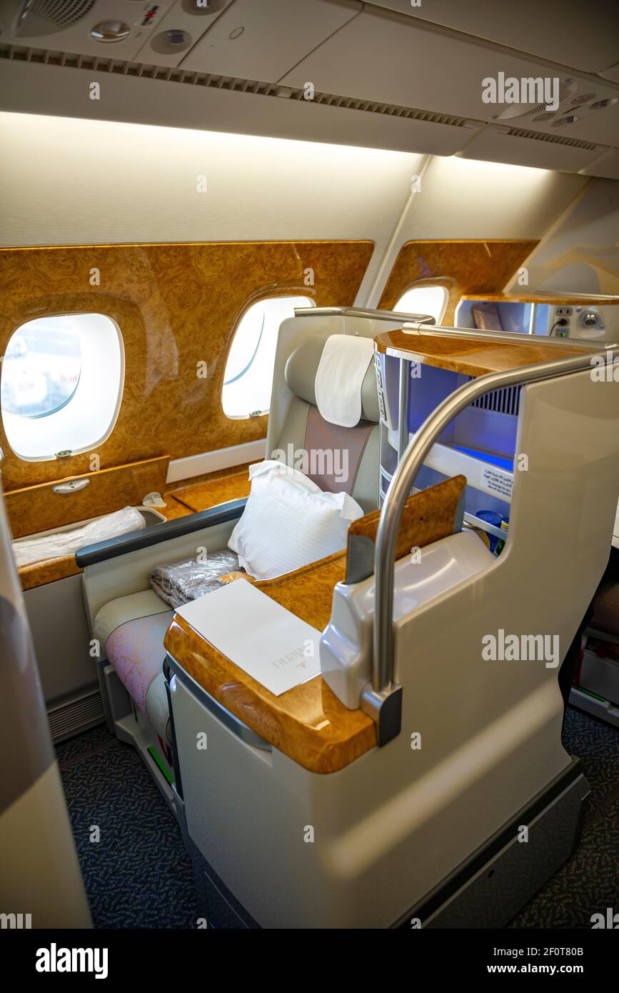 Seat in the airplane at the window in the business class, airplane