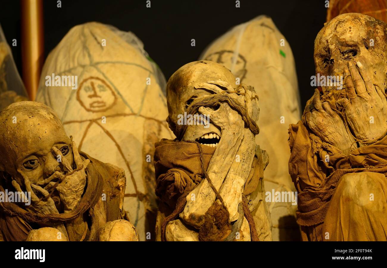 Mummies of the Chachapoya culture in the museum of Leymebamba, province of Chachapoyas, Amazonas region, Peru Stock Photo