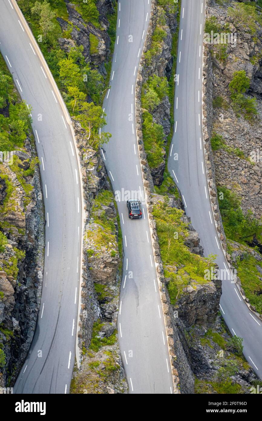 Single car, mountain road Trollstigen, near Andalsnes, More og Romsdal, Vestland, Norway Stock Photo
