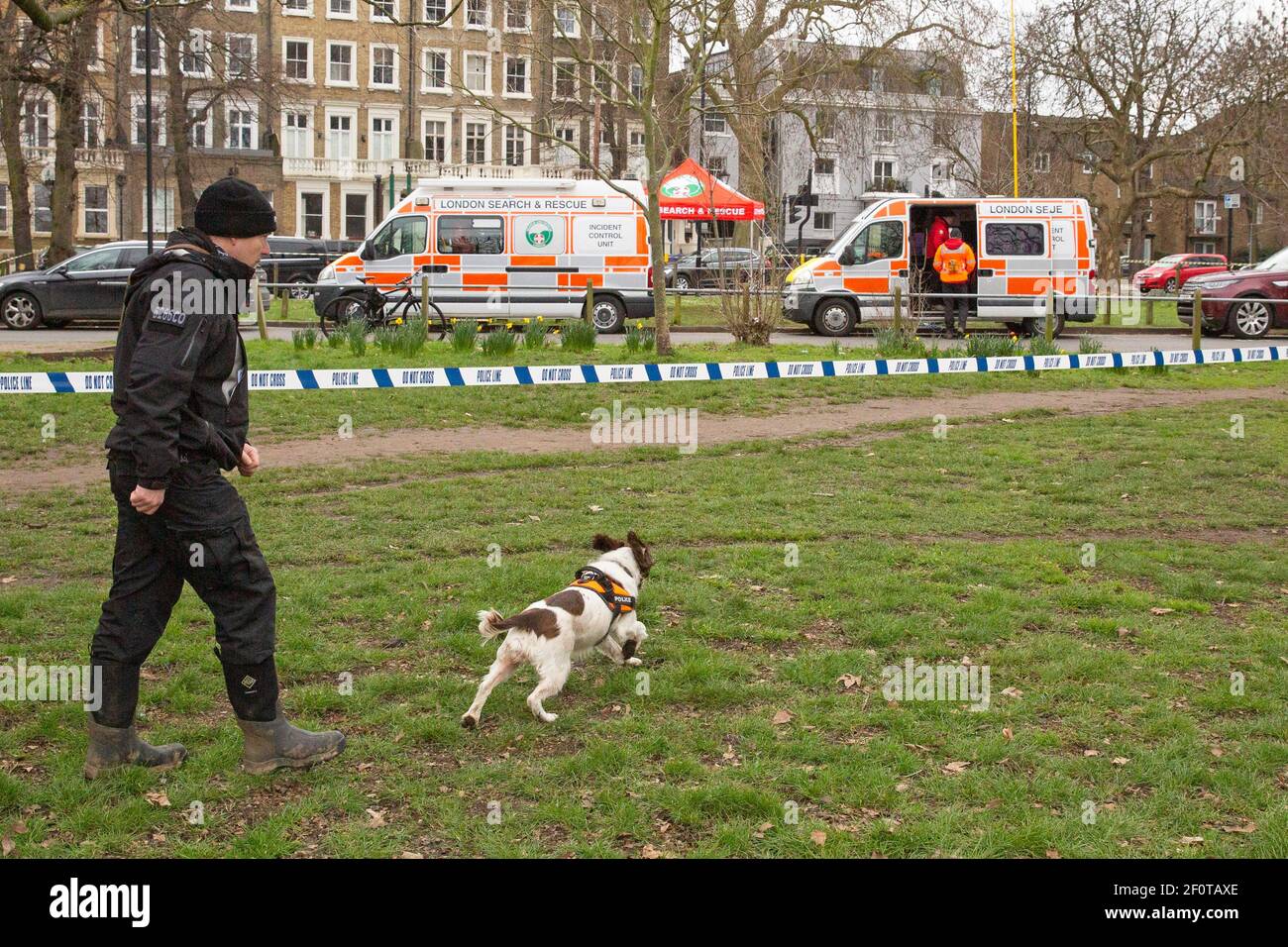 A Search team continue the search for missing woman Sarah Everard on Clapham Common  on the 7th of March 2021, who disappeared while walking home Stock Photo
