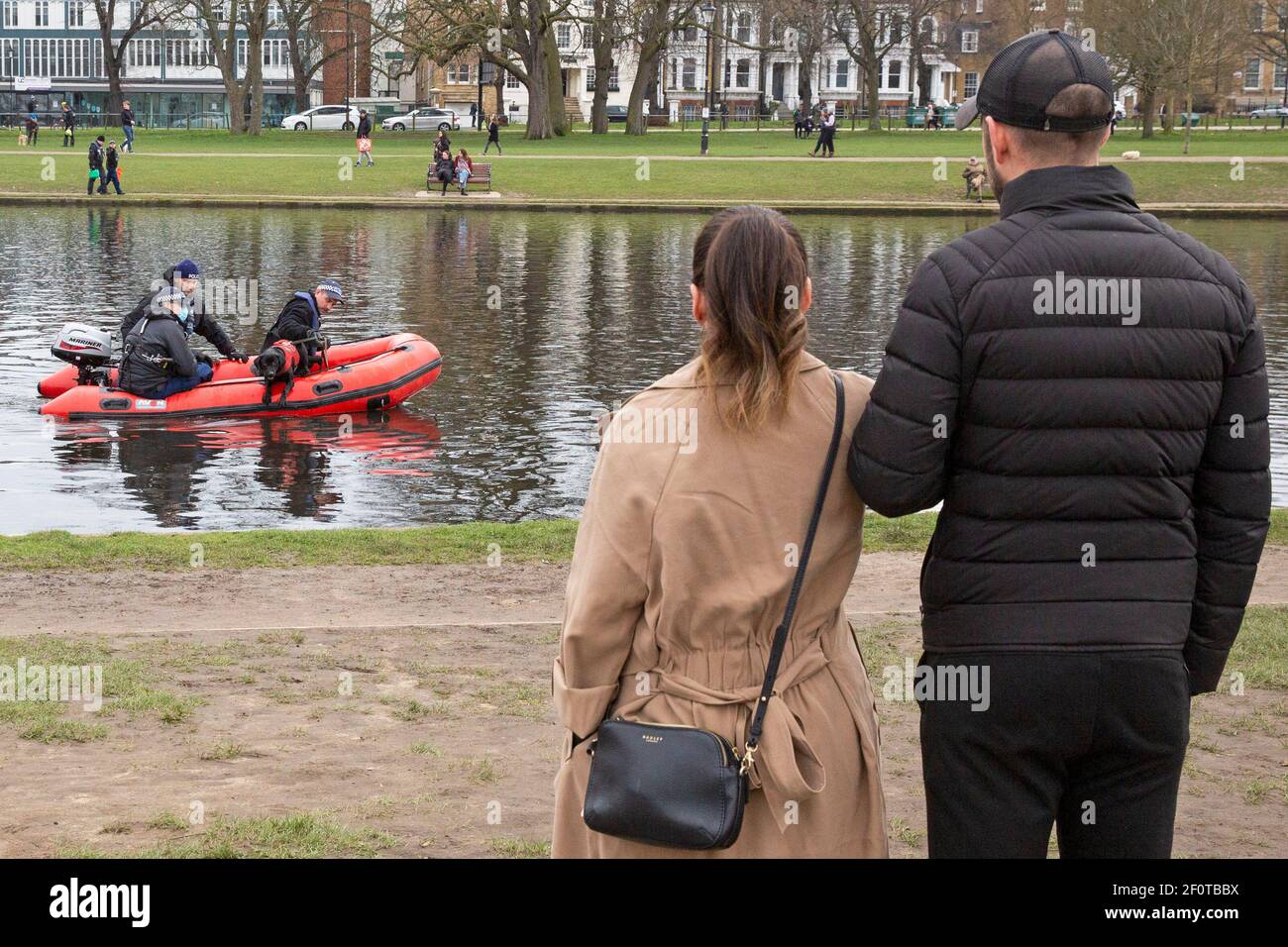 A Search team continue the search for missing woman Sarah Everard on Clapham Common  on the 7th of March 2021, who disappeared while walking home Stock Photo
