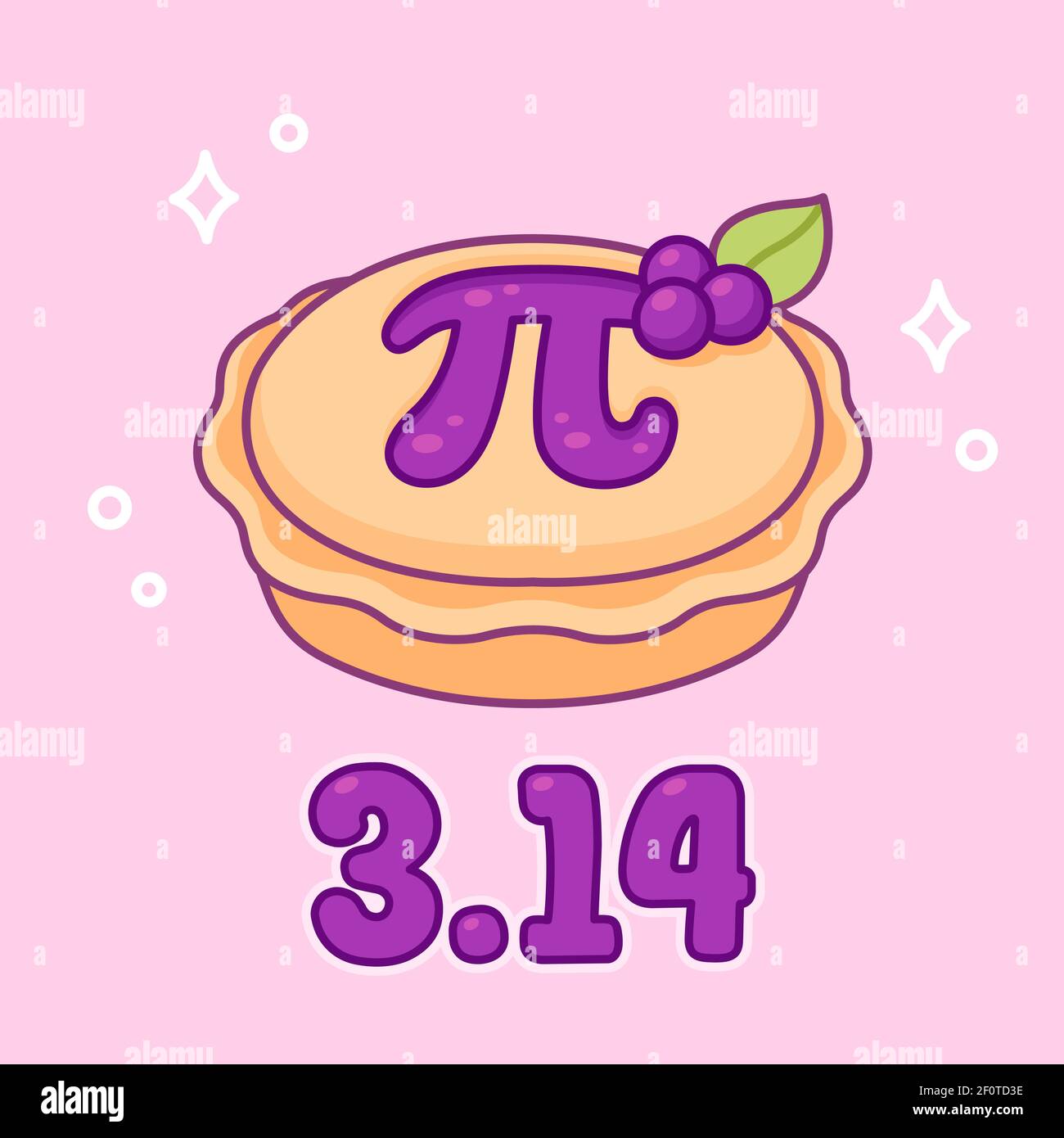 3.14 (March 14) International Pi day. Sweet blueberry pie with greek letter Pi, maths symbol. Cute cartoon drawing, vector clip art illustration. Stock Vector