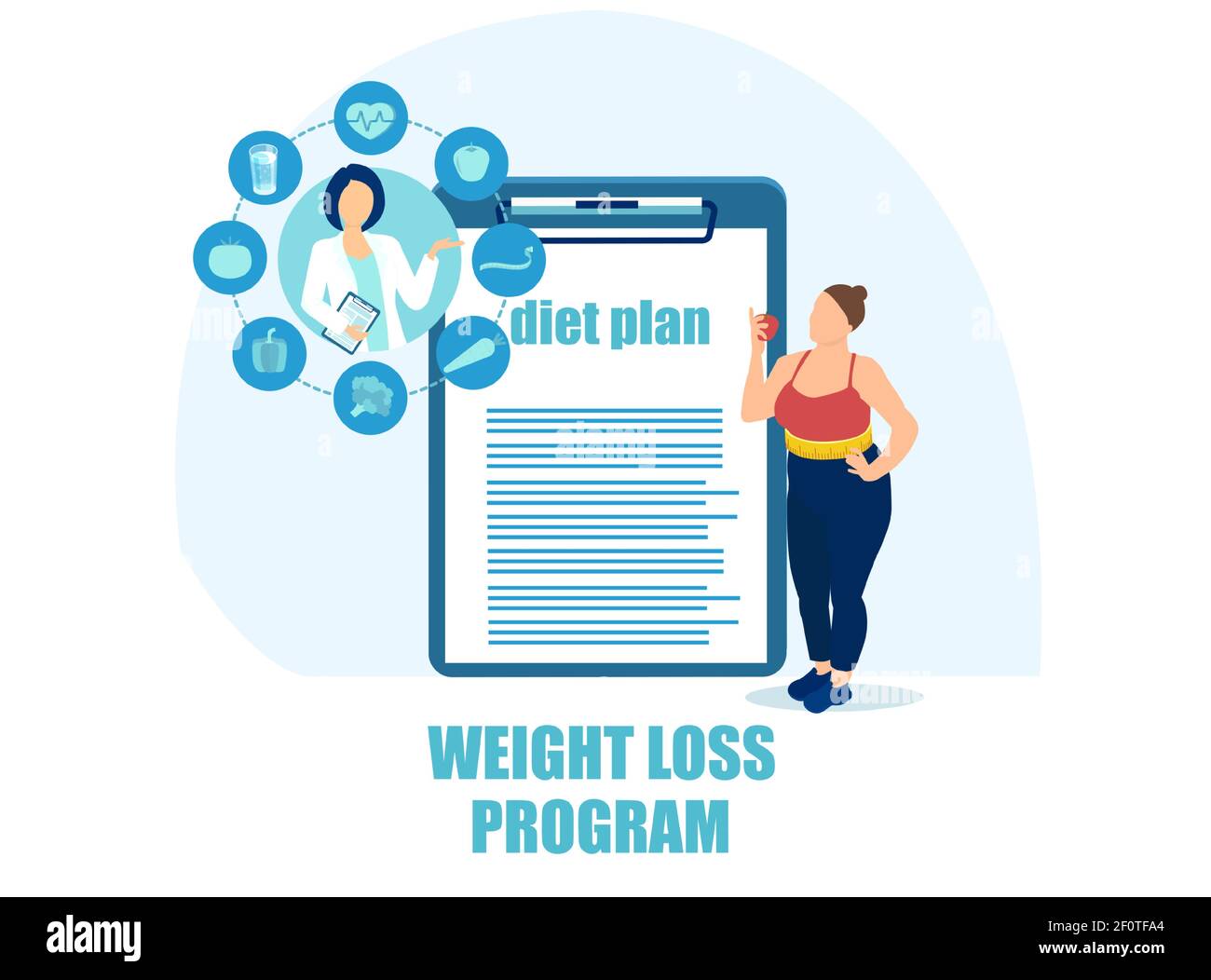 Vector of an overweight woman following weight loss diet plan