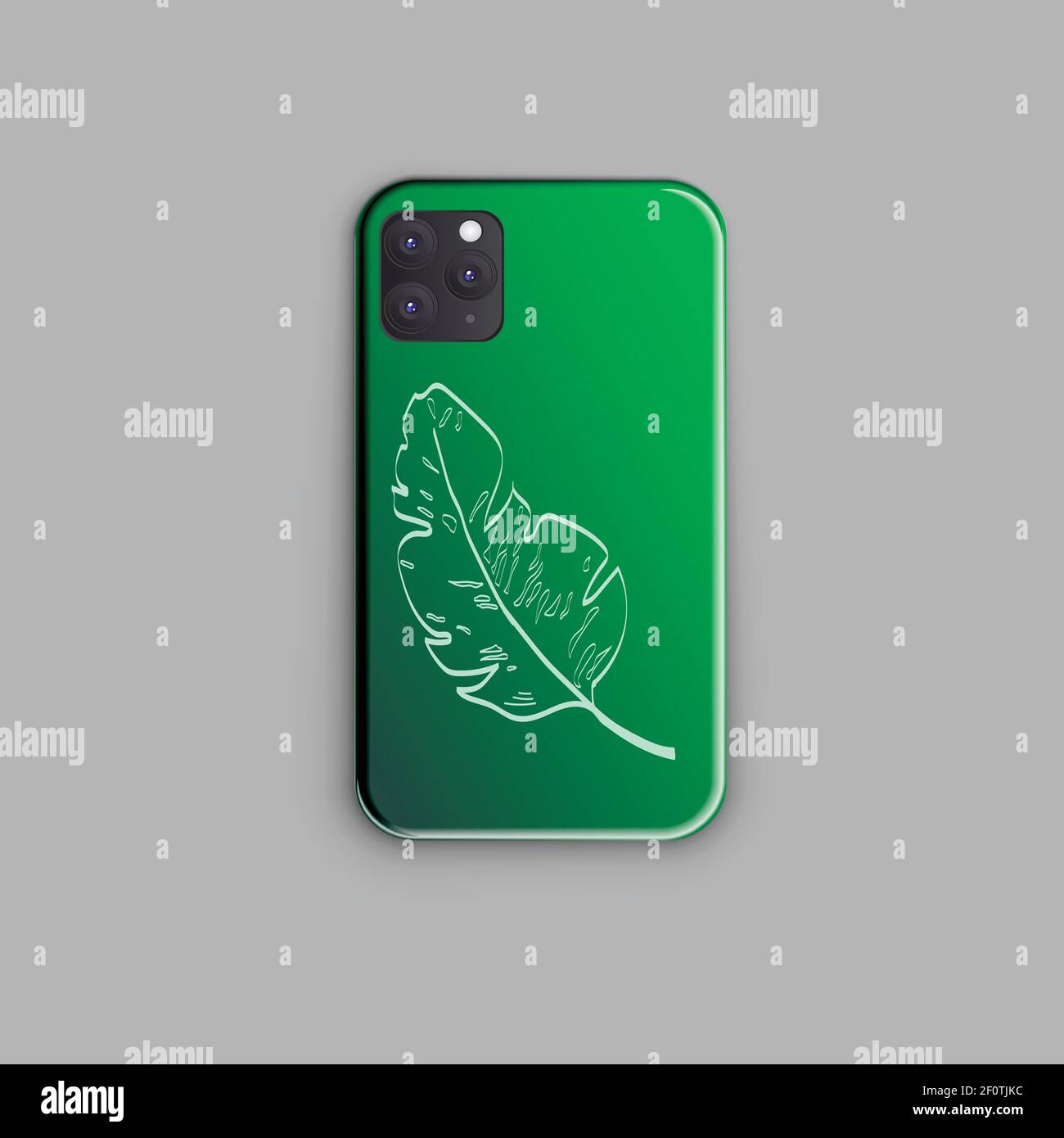 Stylish smartphone case design with beautiful green gradient design and tropical banana leaf sketch. Stylish smartphone mockup Stock Vector