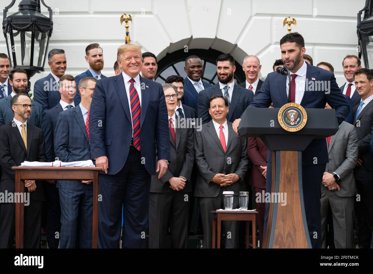 President Donald Trump welcomes the 2018 World Series Champion Boston Red Sox baseball team Thursday May 9 2019 at ceremonies on the South Portico entrance of the White House. Stock Photo