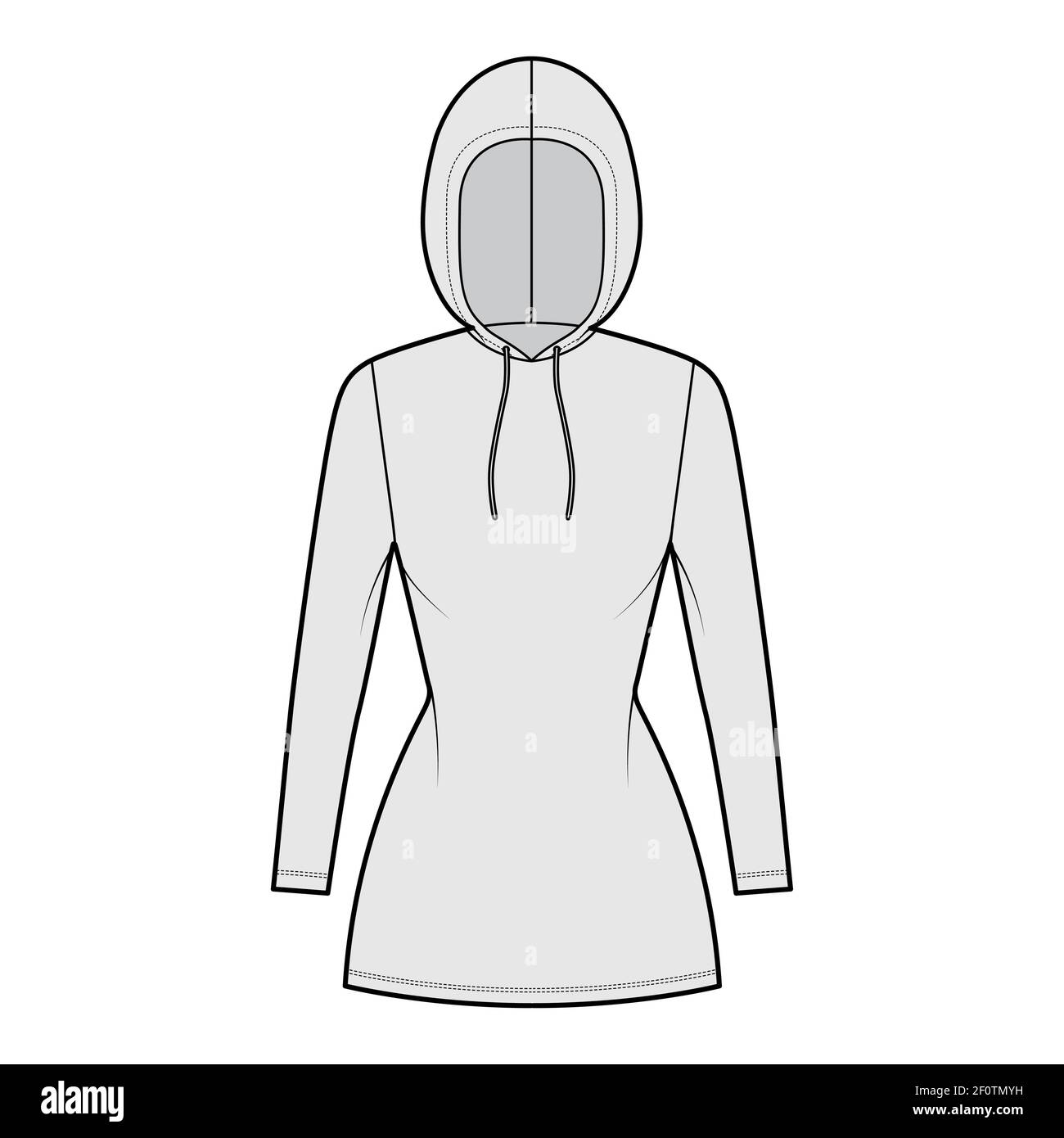 Hoody dress technical fashion illustration with long sleeves, mini length, fitted body, Pencil fullness. Flat apparel sweater template front, grey color style. Women, men, unisex CAD mockup Stock Vector