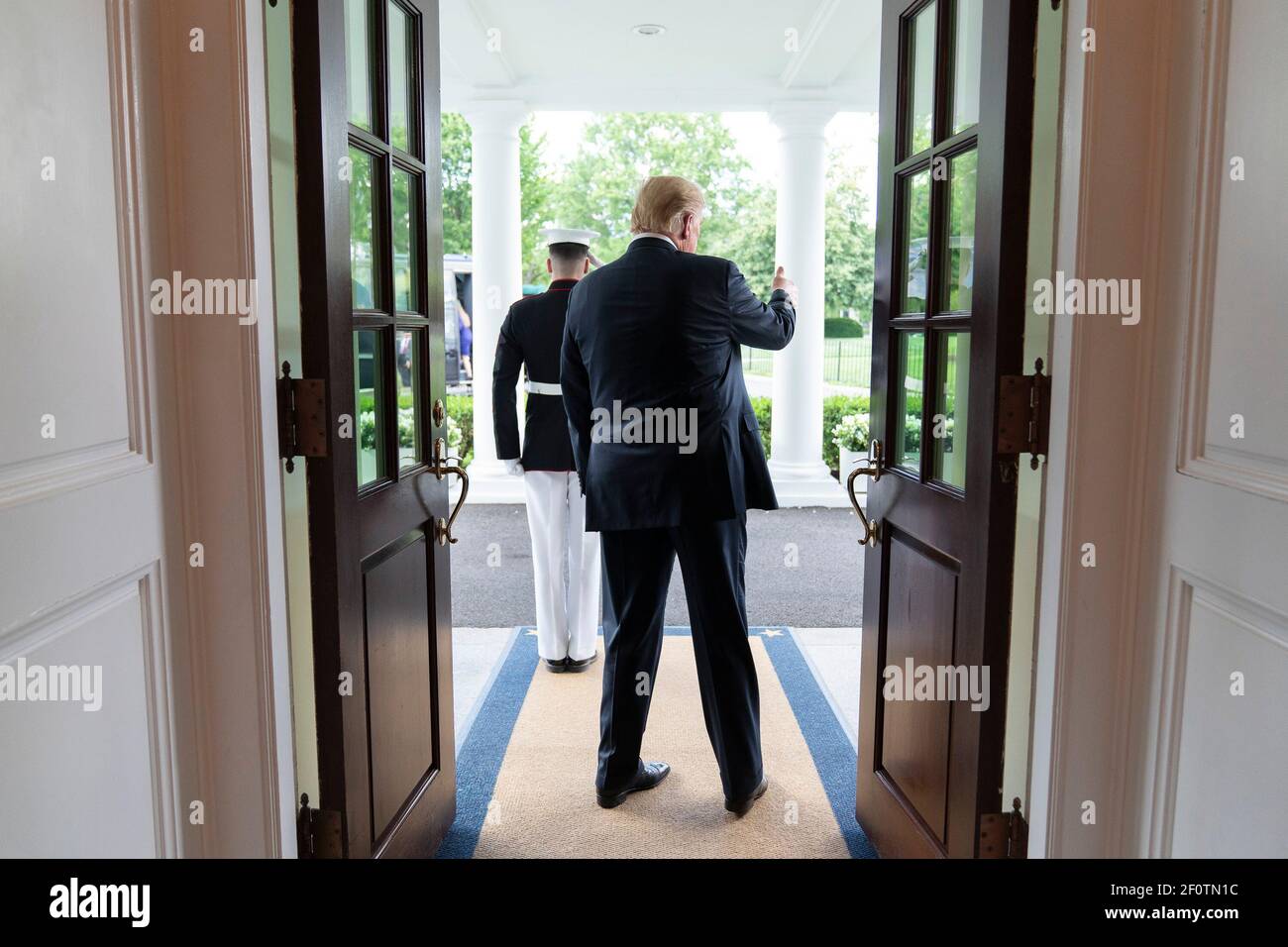 President Donald Trump bids farewell to Polish President Andrzej Duda Wednesday June 24 2020 from the West Wing entrance of the White House. Stock Photo