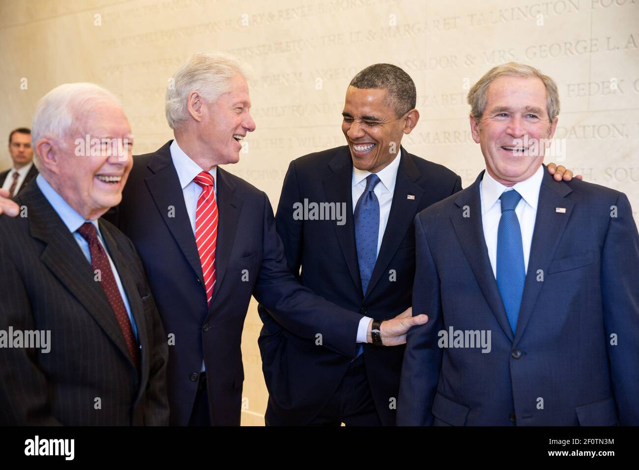 President Barack Obama laughs with former Presidents Jimmy Carter Bill Clinton and George W. Bush prior to the dedication of the George W. Bush Presidential Library and Museum on the campus of Southern Methodist University in Dallas Texas April 25 2013. Stock Photo