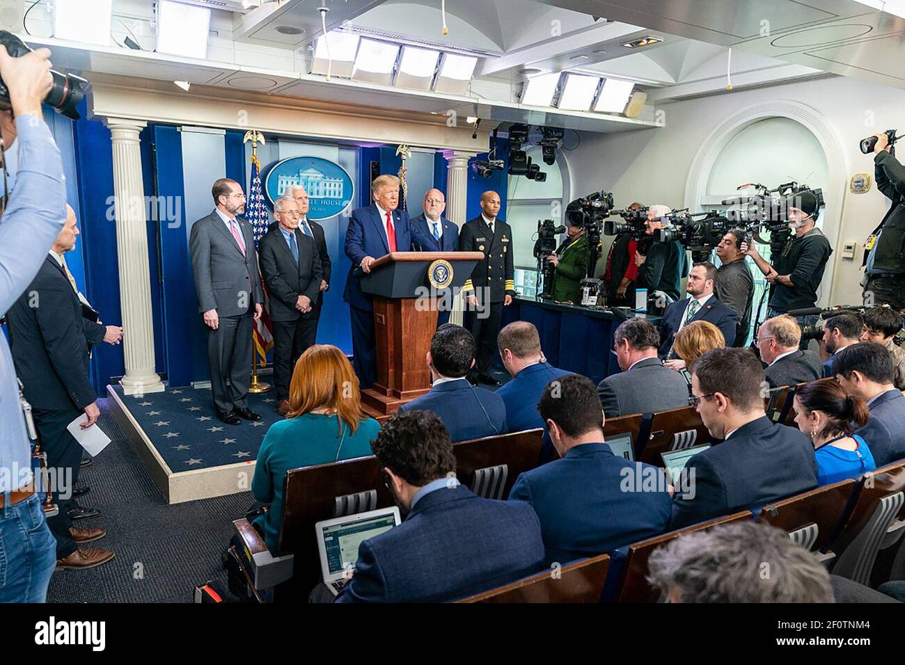 President Donald Trump joined by Vice President Mike Pence delivers remarks at a Coronavirus Task Force update Saturday Feb. 29 2020 in the James S. Brady Press Briefing Room of the White House. Stock Photo