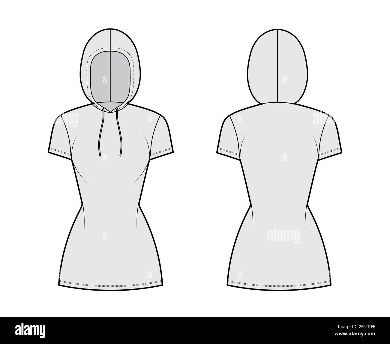 Hoody dress technical fashion illustration with short sleeves, mini length, fitted body, Pencil fullness. Flat sweater apparel template front, back, grey color style. Women, men, unisex CAD mockup Stock Vector