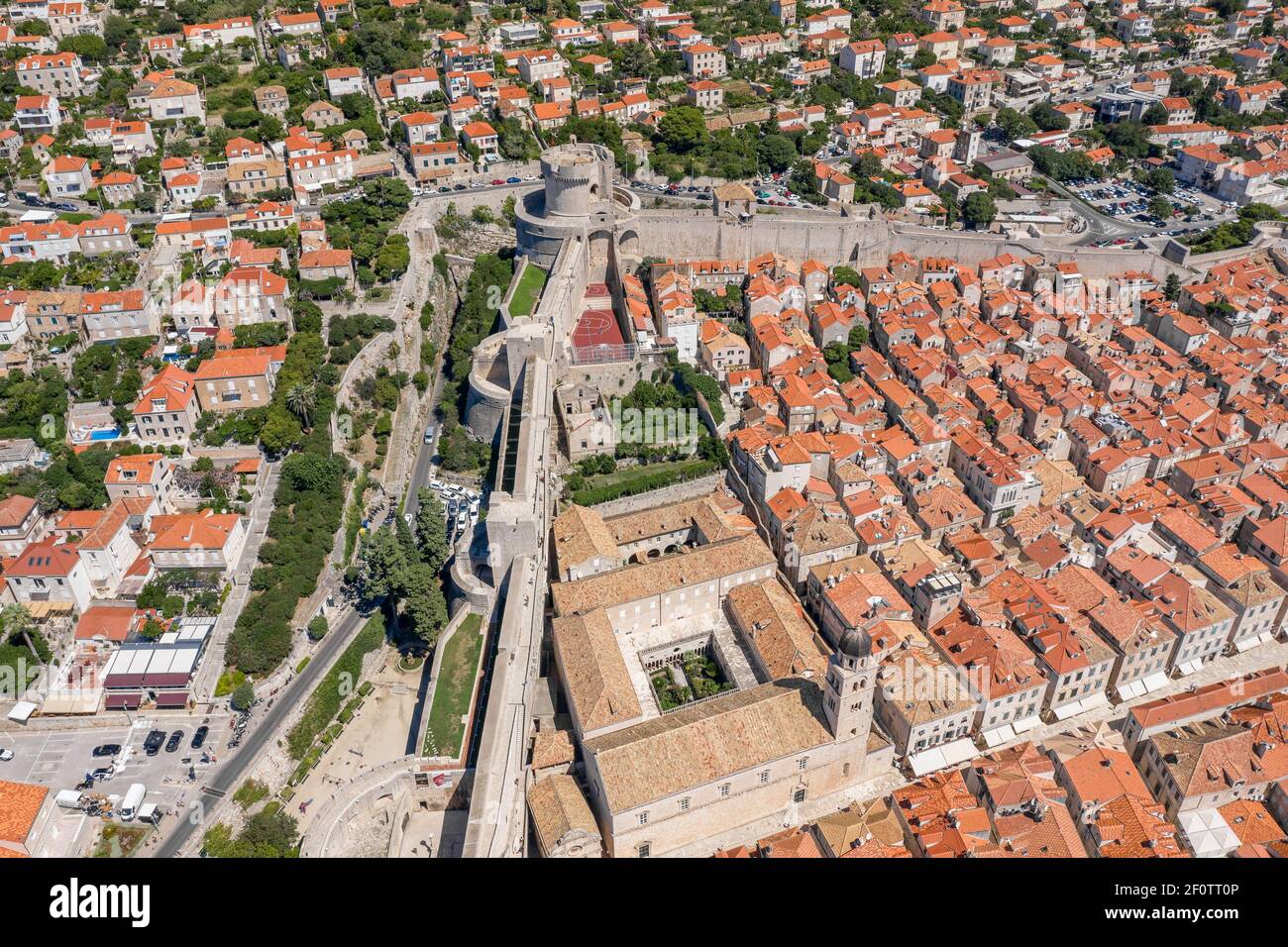 Aerial drone shot of City wall Fort Minceta in Dubrovnik old town in Croatia summer noon Stock Photo