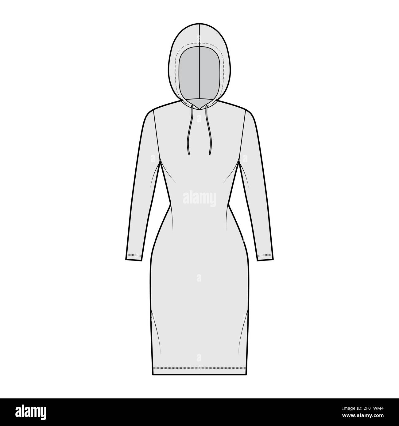 Hoody dress technical fashion illustration with long sleeves, knee length, fitted body, Pencil fullness. Flat apparel sweater template front, grey color style. Women, men, unisex CAD mockup Stock Vector
