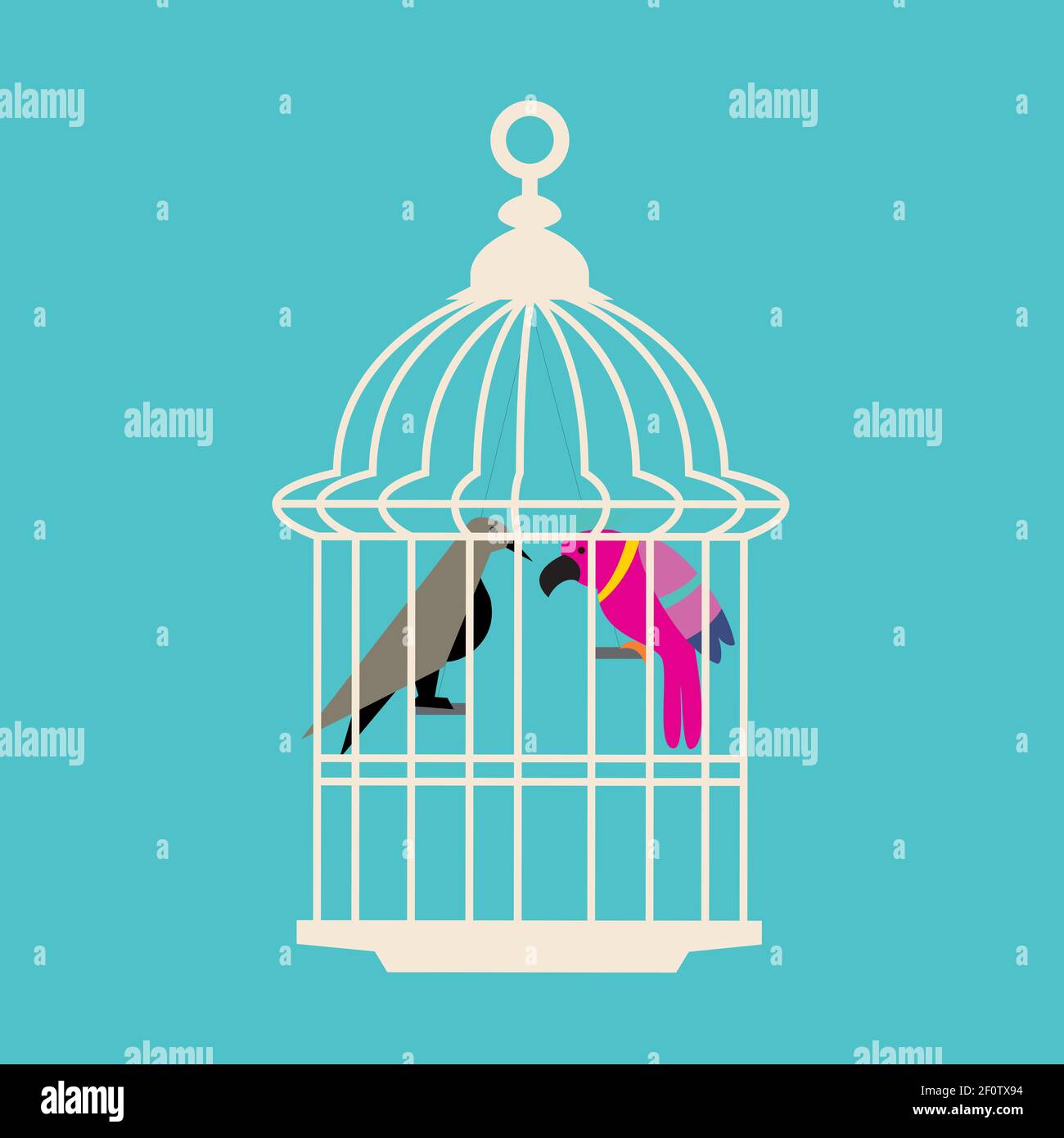 Vector digital illustration of two enemy birds in one cage Parrot and ...