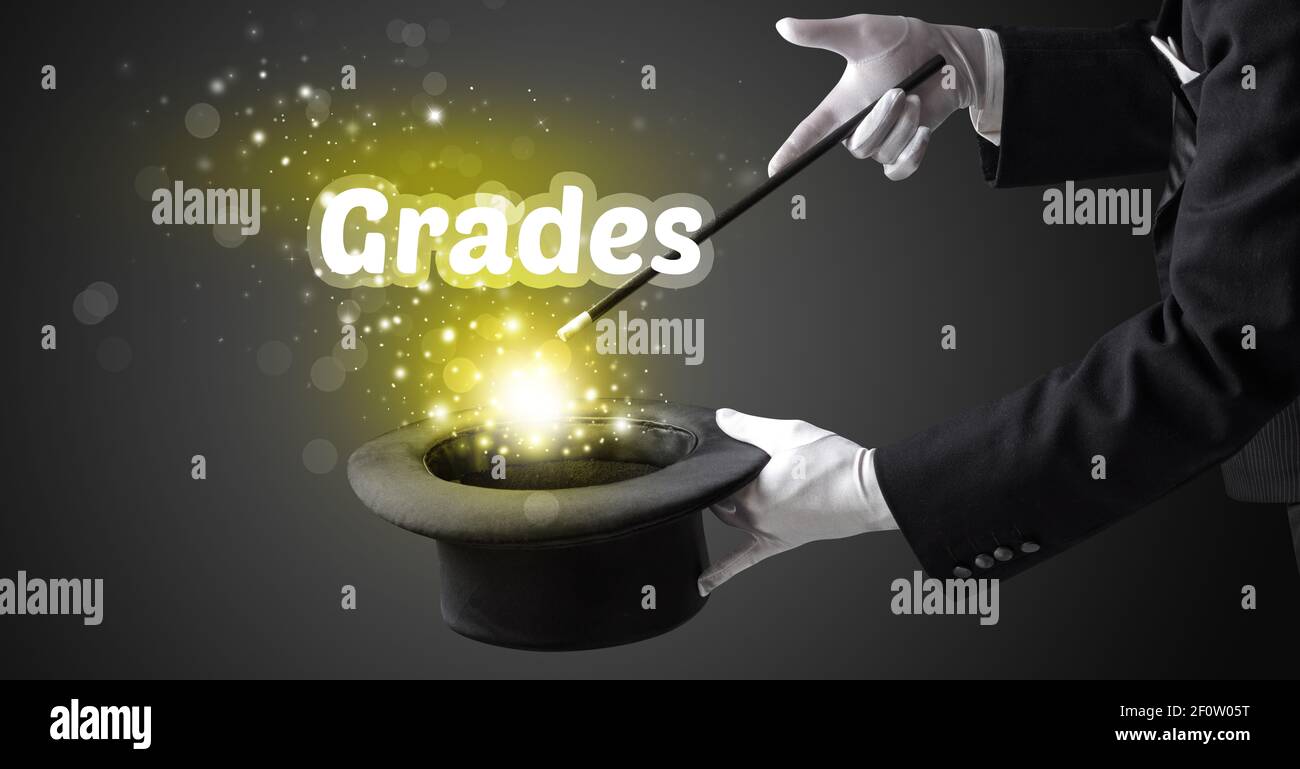 Magician is showing magic trick with Grades inscription, educational ...