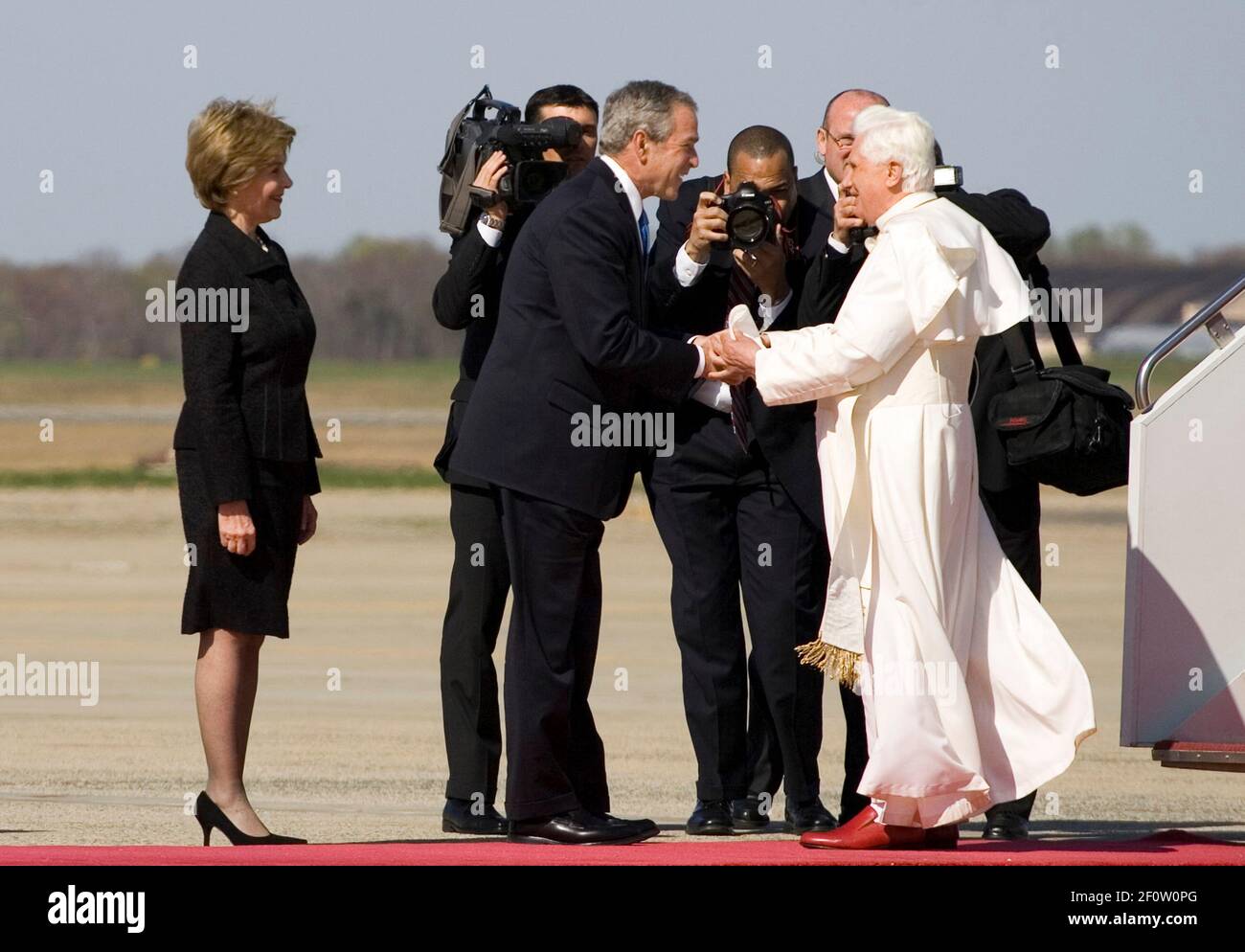 President George W. Bush and Laura Bush Greet Pope Benedict XVI on His Arrival at Andrews Air Force Base Maryland 4/15/2008 Stock Photo