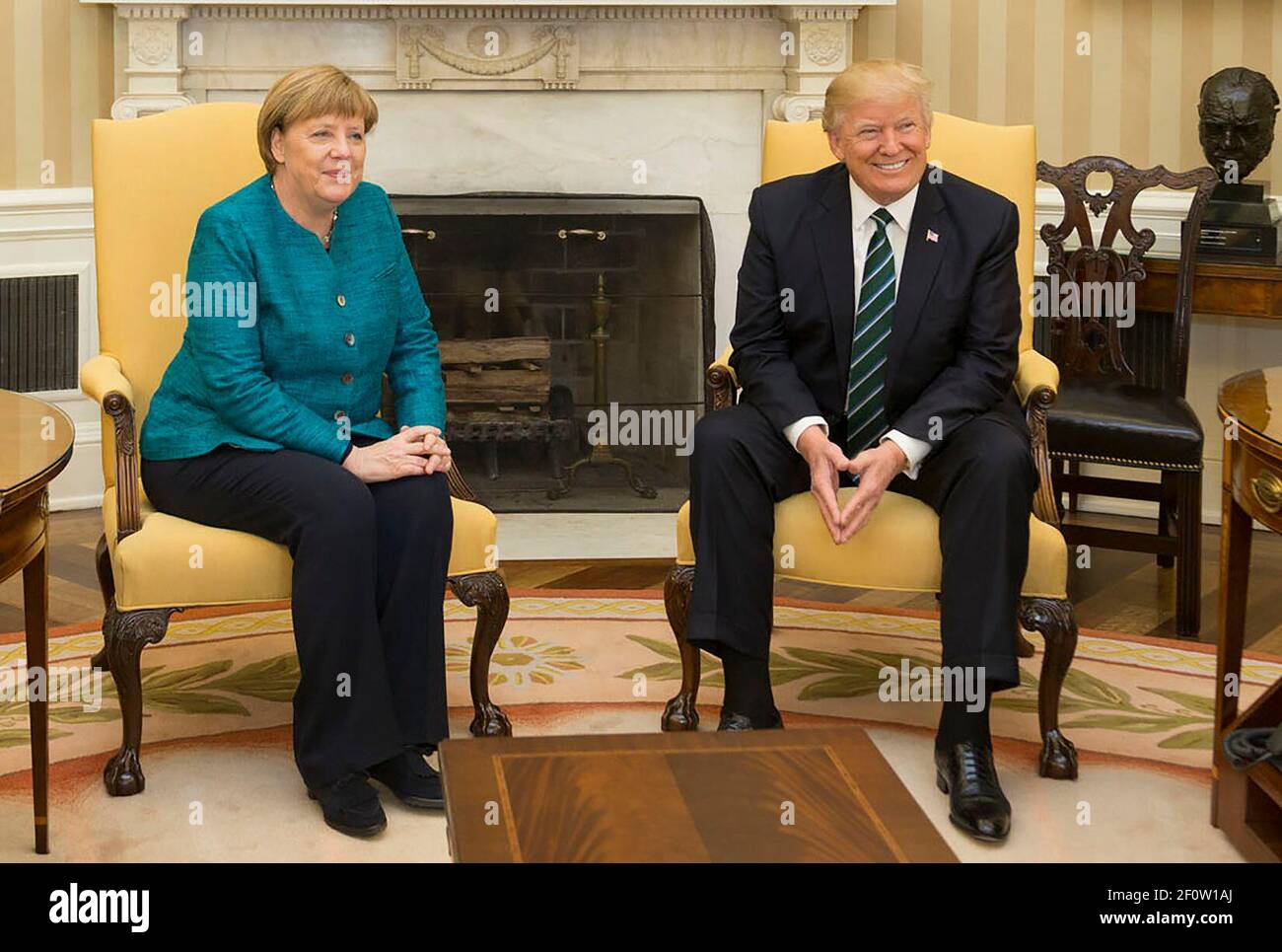 President Donald Trump meets with German Chancellor Angela Merkel Friday March 17 2017 in the Oval Office of the White House in Washington D.C. Stock Photo
