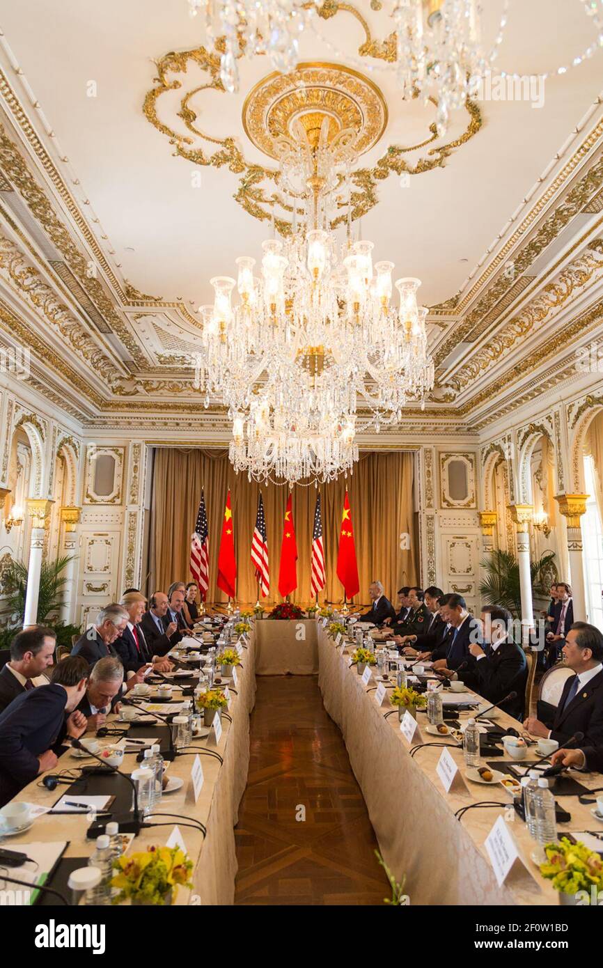 President Donald Trump attends an expanded delegation working group meeting Friday April 7 2017 with Chinese President Xi Jinping at Mar-a-Lago in Palm Beach Florida. Stock Photo