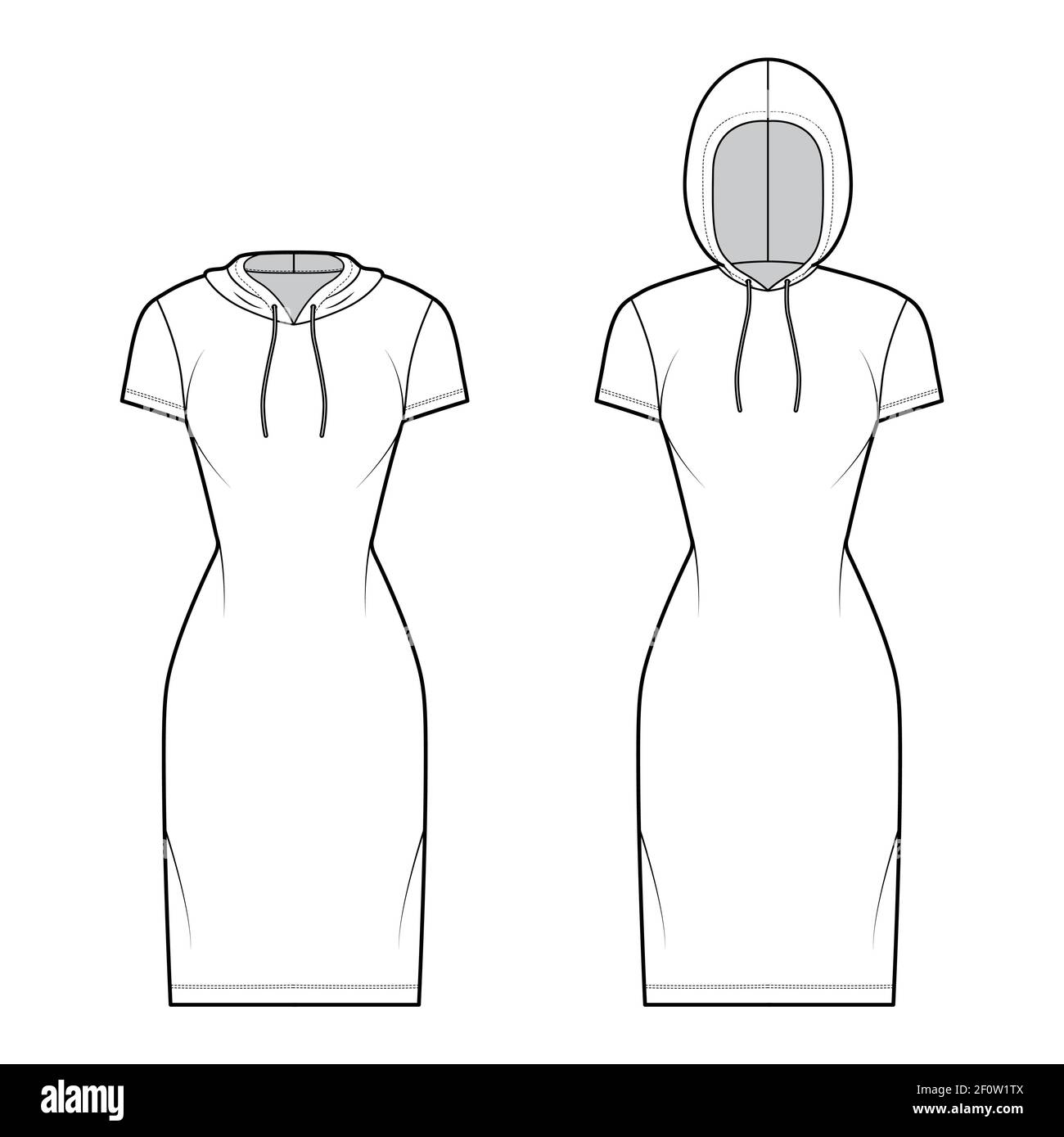 Set of Hoody dresses technical fashion illustration with short sleeves, knee length, fitted body, Pencil fullness. Flat sweater apparel template front, white color style. Women, men, unisex CAD mockup Stock Vector