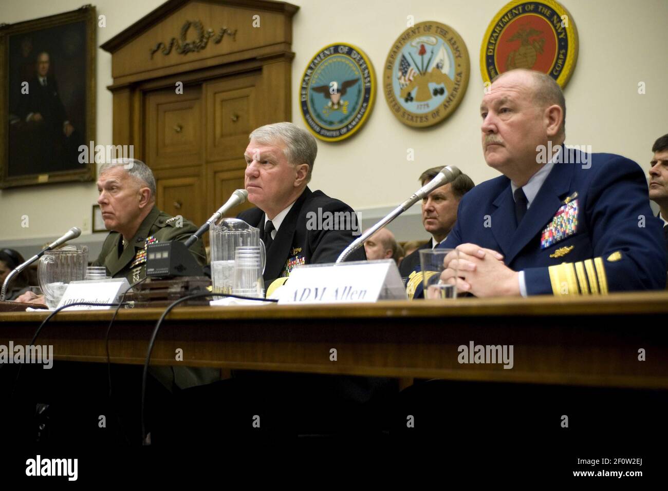 13 December 2007 - Washington, DC - From left, Commandant of the Marine Corps Gen. James T. Conway, Chief of Naval Operations (CNO) Adm. Gary Roughead and Commandant of the Coast Guard Adm. Thad W. Allen appear before the House Armed Services Committee to give testimony and answer questions concerning the unified maritime strategy. Ã’The Cooperative Maritime Strategy for 21st Century SeapowerÃ’, seeks to use the assets of all three of the nationÃ•s maritime services to achieve a balance of peacetime engagement and major combat operation capabilities to include forward presence, deterrence, sea Stock Photo