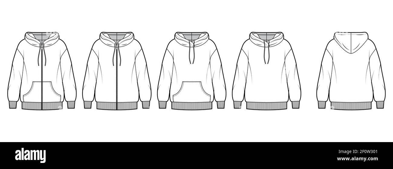 Set of Zip-up Hoody sweatshirt technical fashion illustration with long sleeves, oversized body, pouch, knit rib cuff. Flat extra large template front, back, white color. Women, men, unisex CAD mockup Stock Vector
