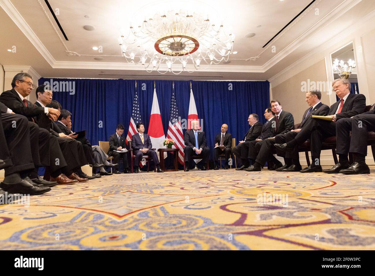 President Donald Trump participates in a bilateral meeting with the Prime Minister Shinzo Abe of Japan Wednesday Sept. 26 2018 at the Lotte New York Palace in New York. Stock Photo