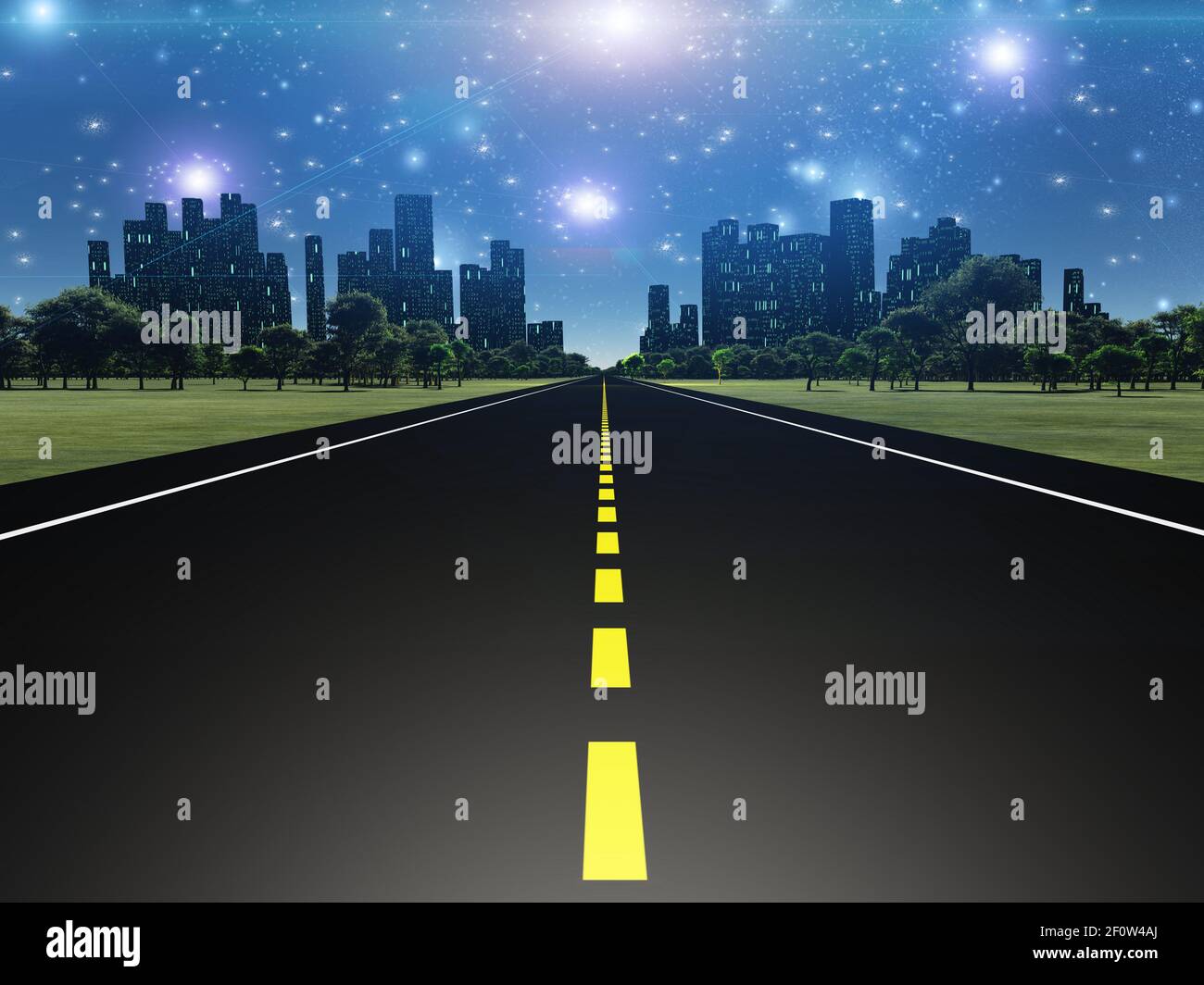 Highway to city. 3D rendering Stock Photo - Alamy