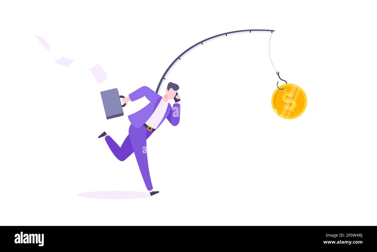 Rat race and money bait business concept with businessman running after dangling dollar and trying to catch it working hard and always busy in the loo Stock Vector