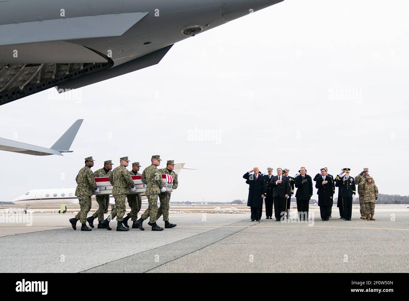 President Donald Trump joined by Secretary of State Mike Pompeo and acting Secretary of Defense Patrick Shanahan attends the dignified transfer of remains Saturday January 19 2019 at Dover Air Force Base in Dover Delaware for four Americans killed in a suicide explosion Wednesday in Syria. Stock Photo