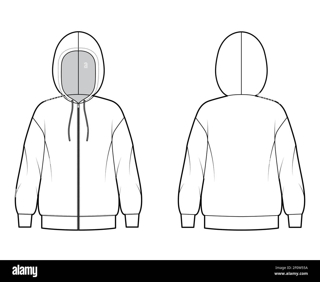 Zip-up Hoody sweatshirt technical fashion illustration with long sleeves, oversized body, drawstring. Flat extra large apparel template front, back, white color style. Women, men, unisex CAD mockup Stock Vector