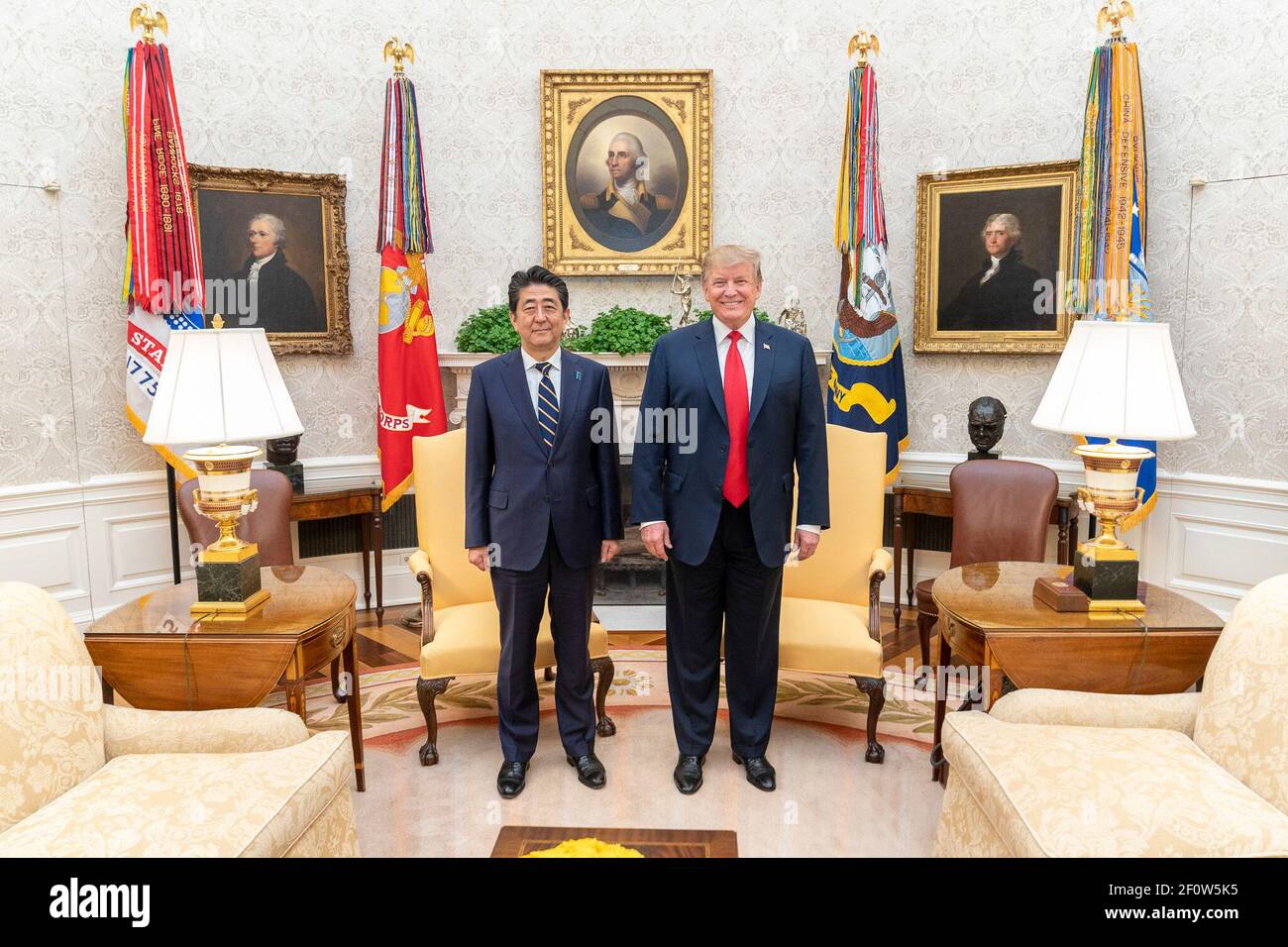 President Donald Trump meets with Japanese Prime Minister Shinzo Abe Friday April 26 2019 in the Oval Office of the White House. Stock Photo