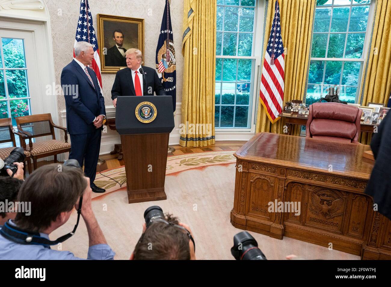 President Donald Trump delivers remarks prior to awarding the Presidential Medal of Freedom the nation's highest civilian honor to Hall of Fame Los Angeles Lakers basketball star and legendary NBA General Manager Jerry West Thursday Sept. 5 2019 in the Oval Office of the White House. Stock Photo