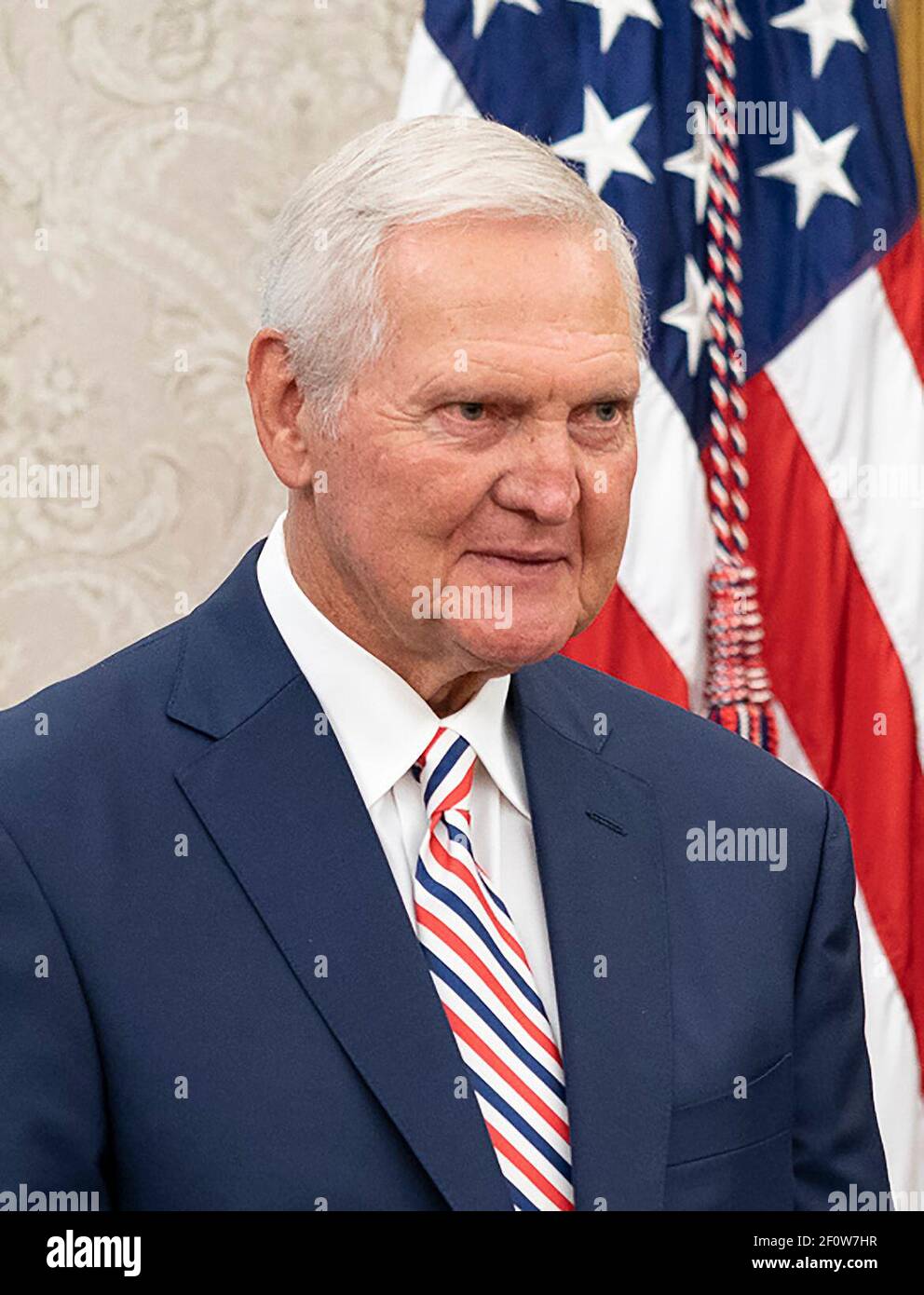 President Donald Trump delivers remarks prior to awarding the Presidential Medal of Freedom the nation's highest civilian honor to Hall of Fame Los Angeles Lakers basketball star and legendary NBA General Manager Jerry West Thursday Sept. 5 2019 in the Oval Office of the White House. Stock Photo