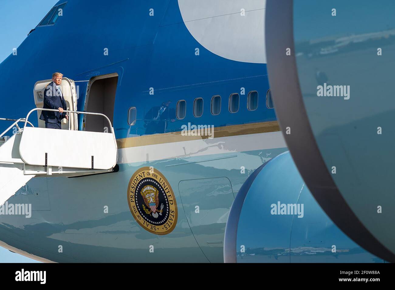 President Donald Trump arrives at Marine Corps Air Station Miramar in San Diego Wednesday Sept. 18 2019 and boards Air Force One en route to Joint Base Andrews Md. Stock Photo