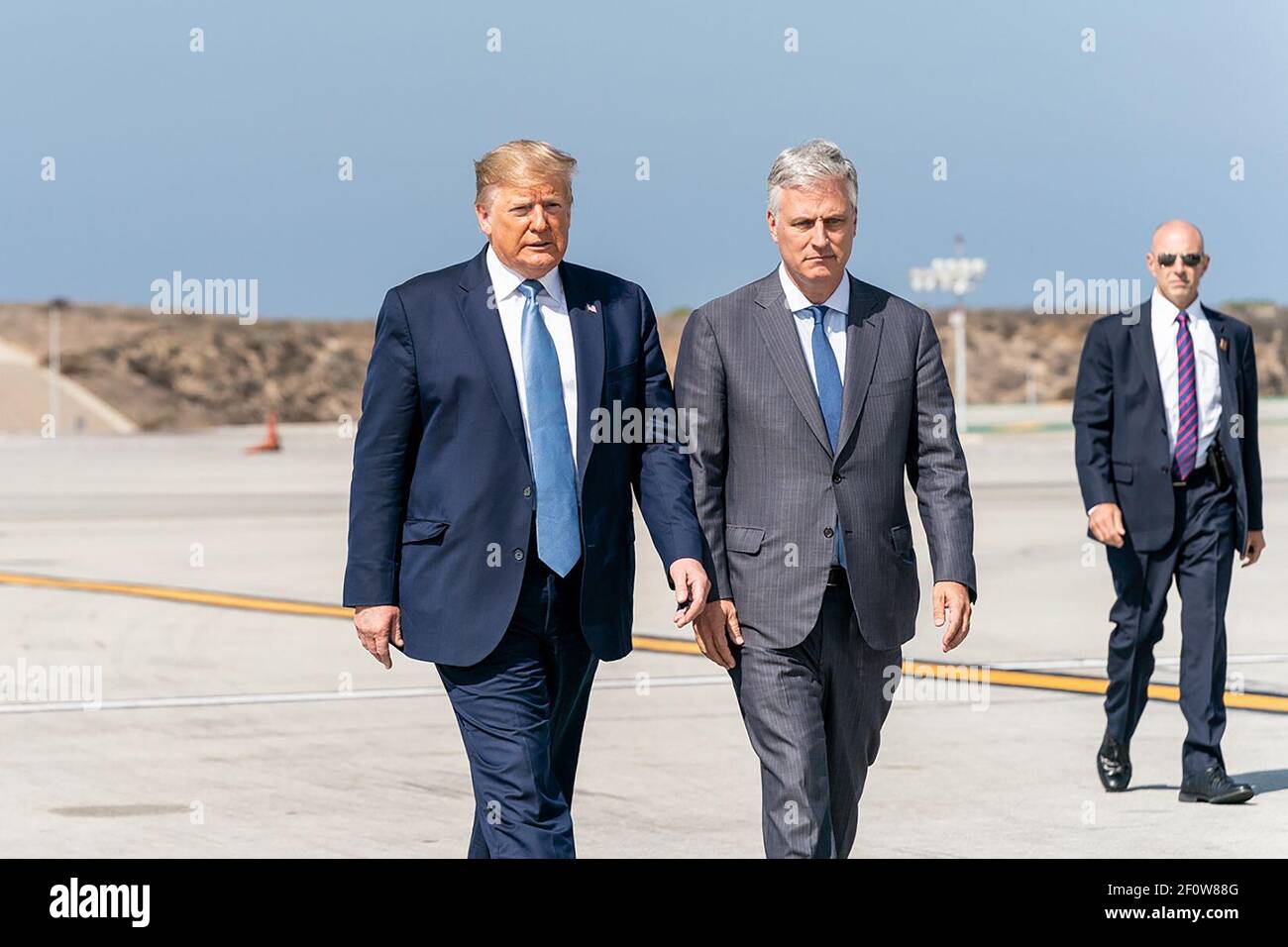 President Donald Trump joined by newly named White House National Security Advisor Robert C. O'Brien disembarks Marine One Wednesday Sept. 18 2019 prior to boarding Air Force One at Los Angeles International Airport for his flight to San Diego Calif. Stock Photo