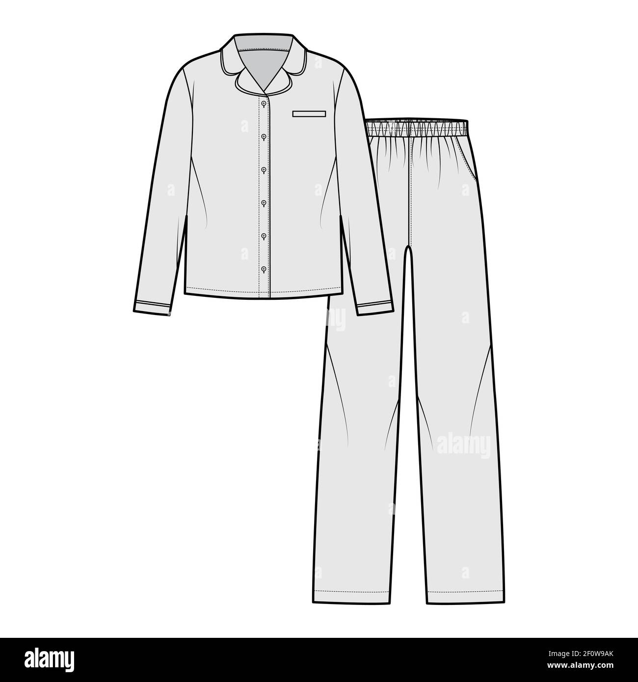 Set of Sleepwear Pajamas shirt, pants technical fashion illustration with  full length, low waist, pockets, button closure, long sleeves. Flat front,  grey color style. Women, men unisex CAD mockup Stock Vector Image