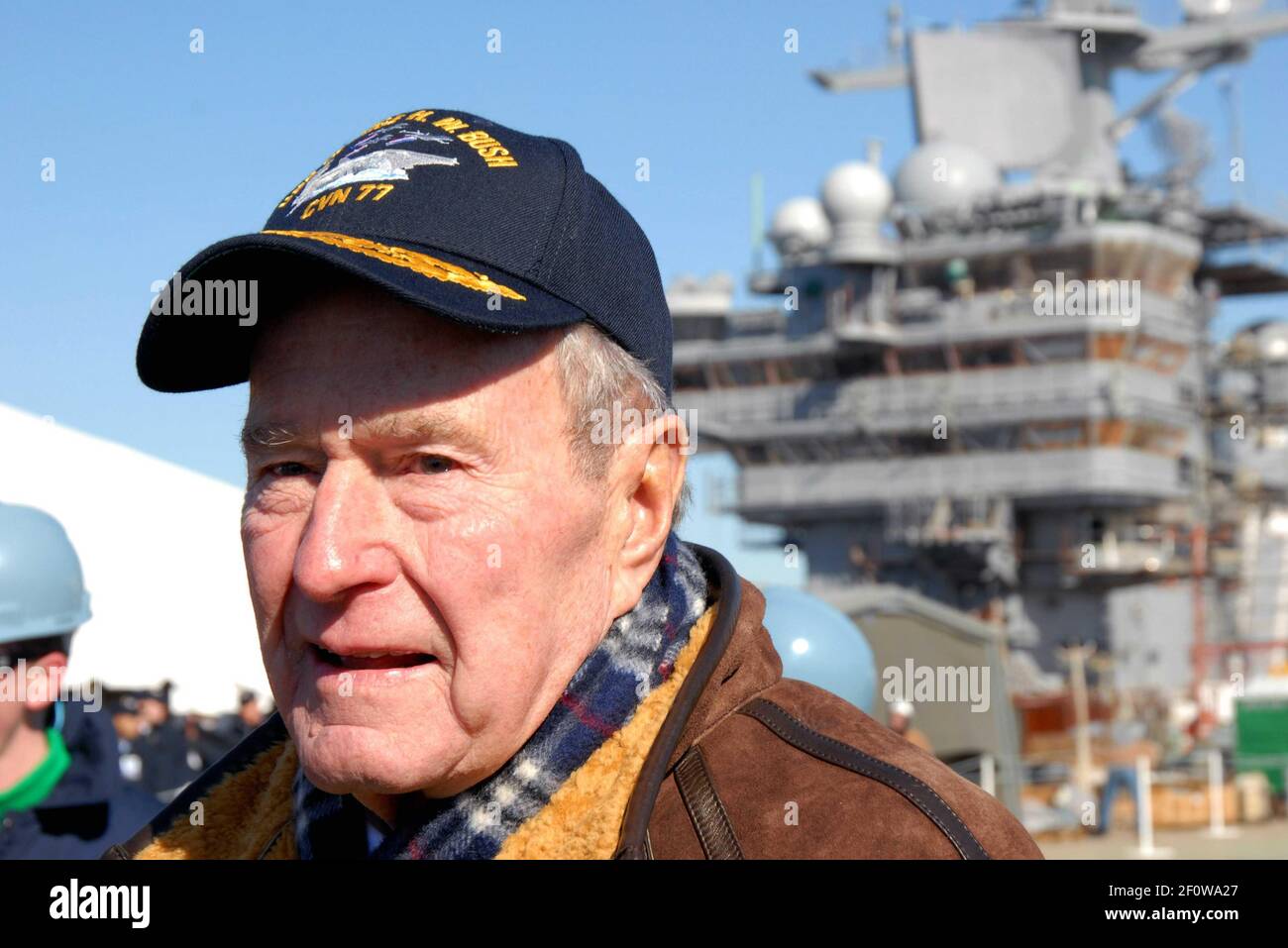 25 January 2008 - Newport News, Virginia - Former President George H. W. Bush looks down the flight deck of the Precommissioning Unit (PCU) George H.W. Bush (CVN 77) during the shipÃ•s catapult testing ceremony. Bush was the ceremonyÃ•s honorary guest who signaled the launch of a Ã’dead loadÃ“ off the deck of (PCU) Bush. Ã’Dead LoadÃ“ launches test the shipÃ•s catapult systems ability to launch aircraft. The ship is under construction at Northrop Grumman Newport News Shipyard. Photo Credit: Narina Reynoso/US Navy/Sipa Press/0801312142 Stock Photo