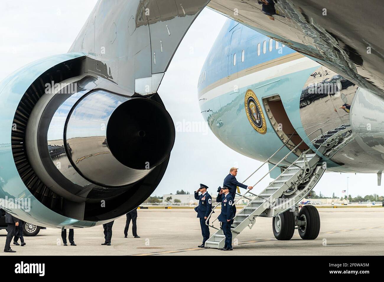 President Donald Trump boards Air Force One at Palm Beach International Airport in West Palm Beach Fla. Monday March 9 2020 en route to Orlando Sanford International Airport in Sanford Fla. Stock Photo