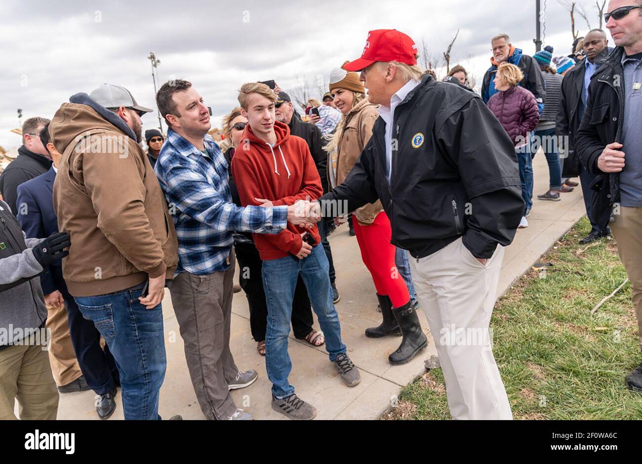 President Donald Trump meets with residents from the tornado ravaged neighborhood near Cookeville Tenn. Friday March 6 2020 where a tornado struck early on Tuesday March 3rd killing 18 of the 24 people killed in central Tennessee. Stock Photo
