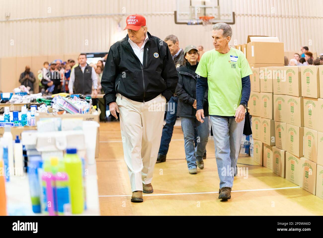 President Donald Trump is given a tour of the emergency relief distribution center at the Church of Christ in Cookeville Tenn. Friday March 6 2020 where President Trump met residents church staff and guests impacted by Tuesday's deadly tornado. Stock Photo